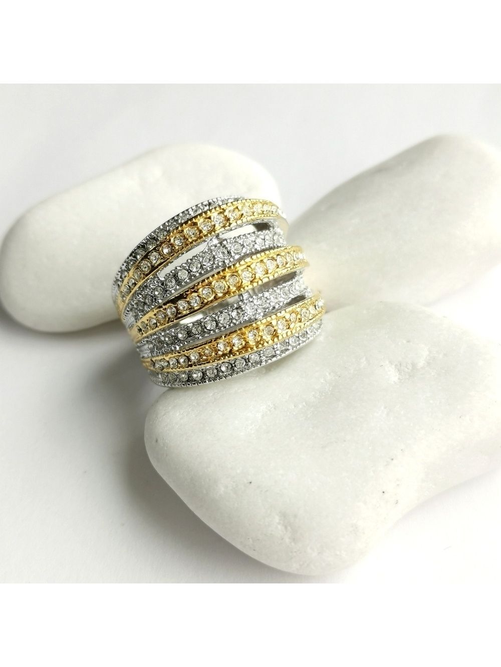 Silver gold cz dome ring sz 8
